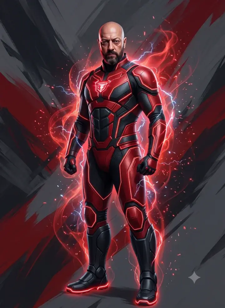 Beven, illustrated as a comic-book hero in a red and black suit, ringed with red energy